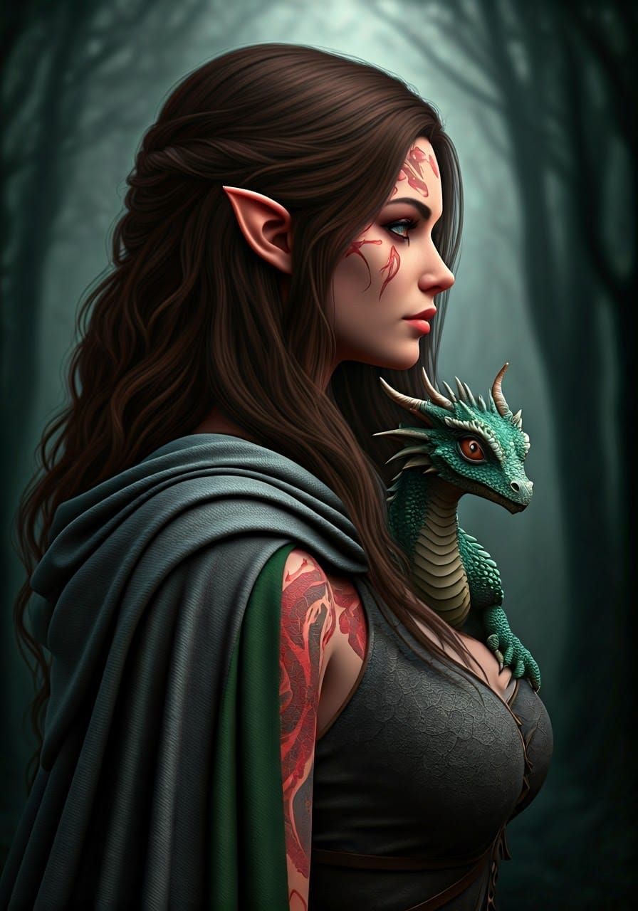Ethereal Elven Beauty with Dragon Companion