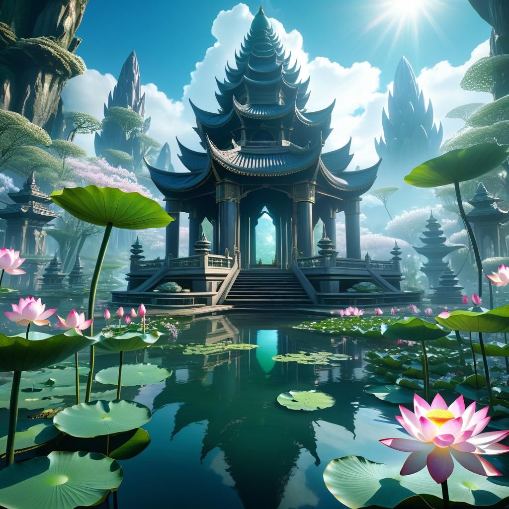 Tranquil Lotus Pond with Crystal Guardians