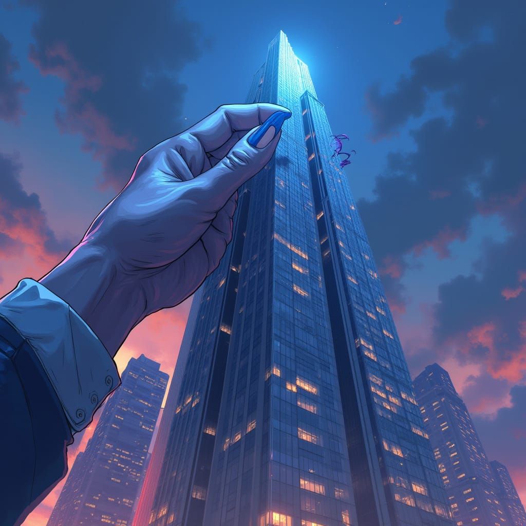 Giant Girl Holds Skyscraper: Cel-Shaded Manga Style