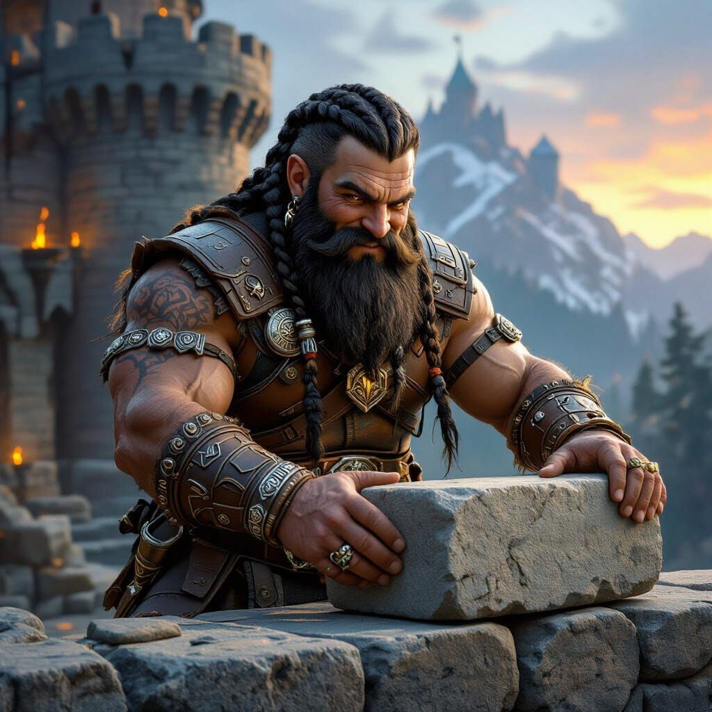 Dwarven Stonemason Building Fortress in Fantasy Style