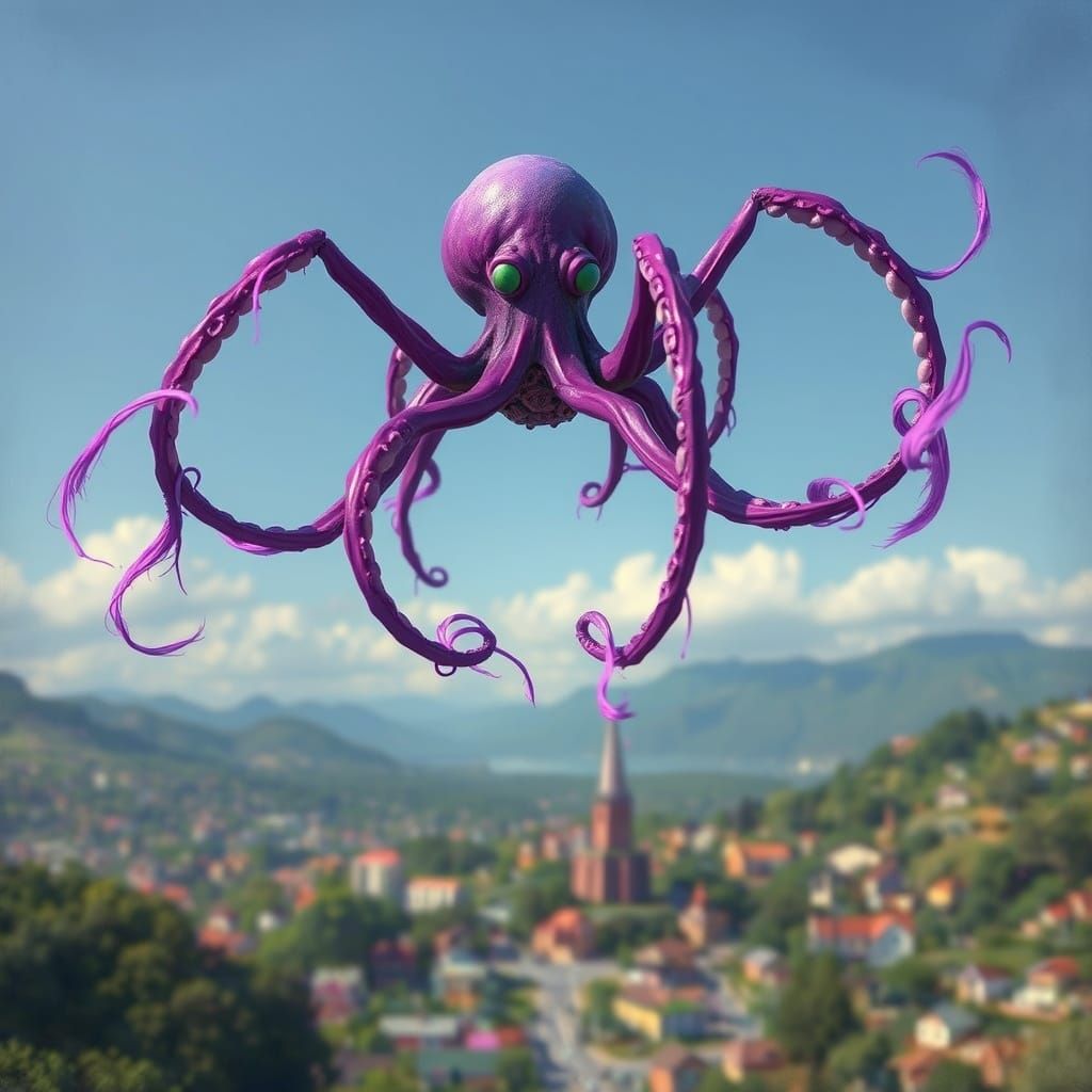 Flying Octopus Brushstrider Descends: Futuristic Realism