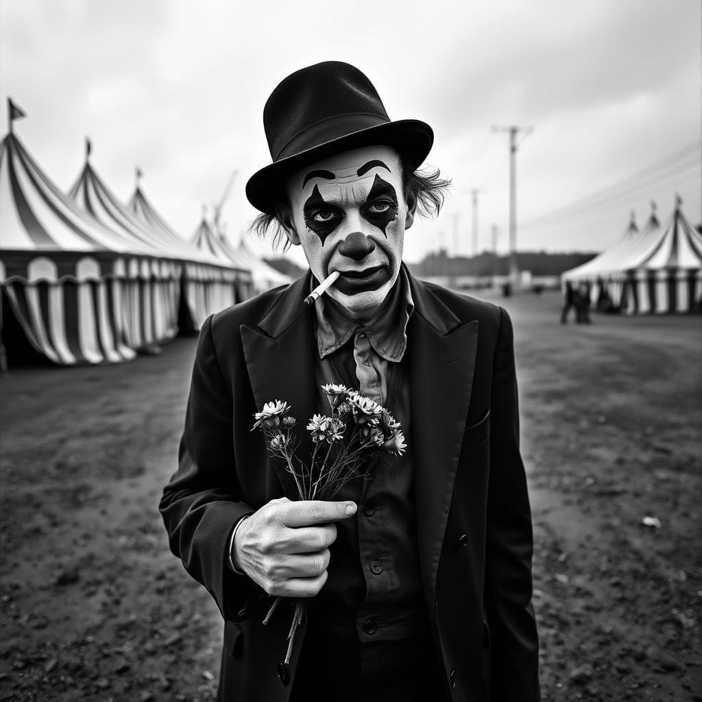 Sad Clown in Gritty Black and White Documentary Style