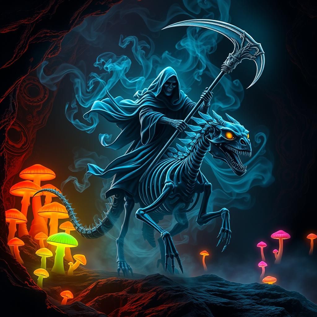 Grim Reaper Rides a Smoke Dragon in Neon Giger Style