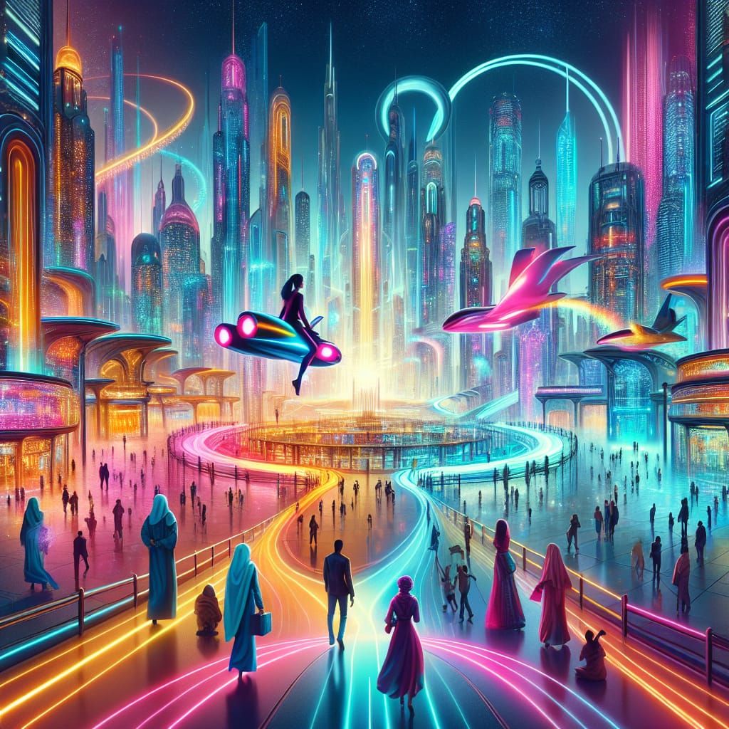 Cyberpunk Metropolis in 3025: Vibrant City of Human Ingenuit...