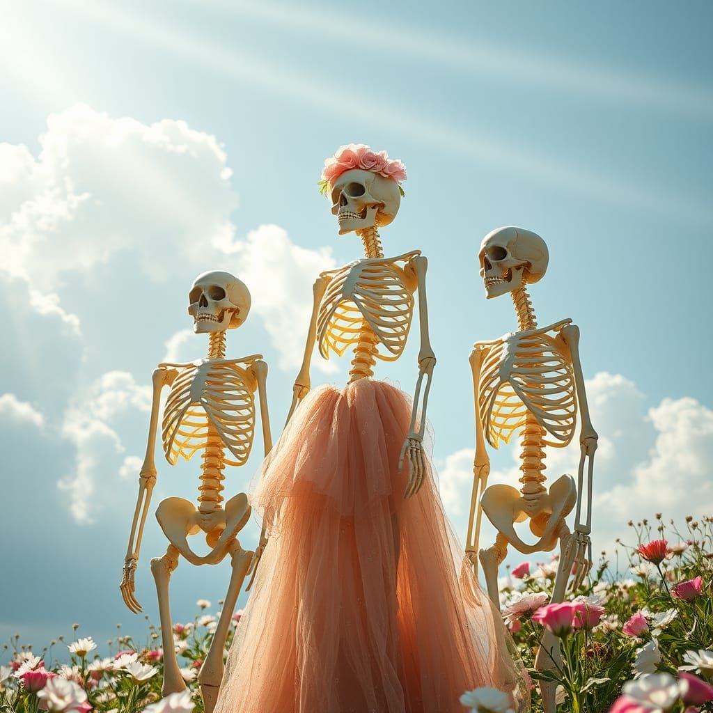 Skeletons in Gala Dress Enjoying Flower Viewing