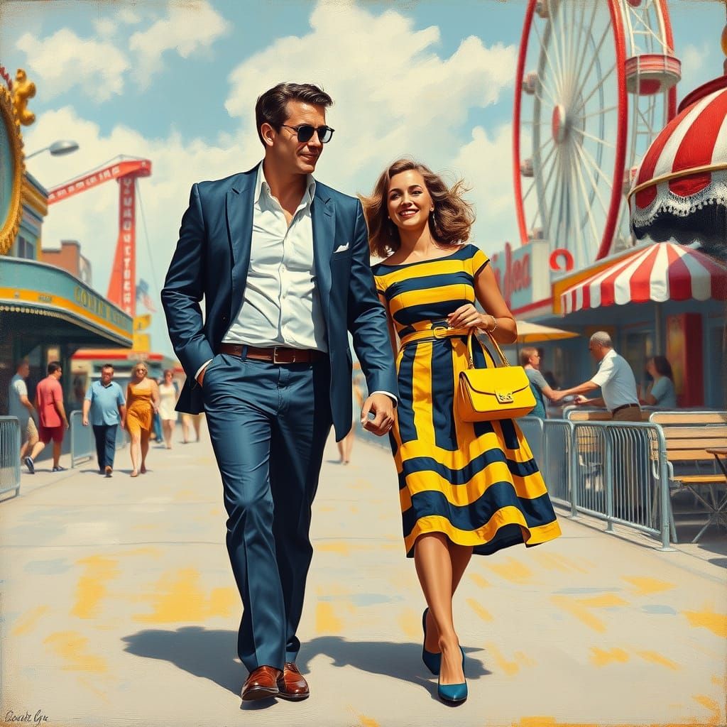 Stylish Couple Strolling Coney Island: 1950s Impressionism