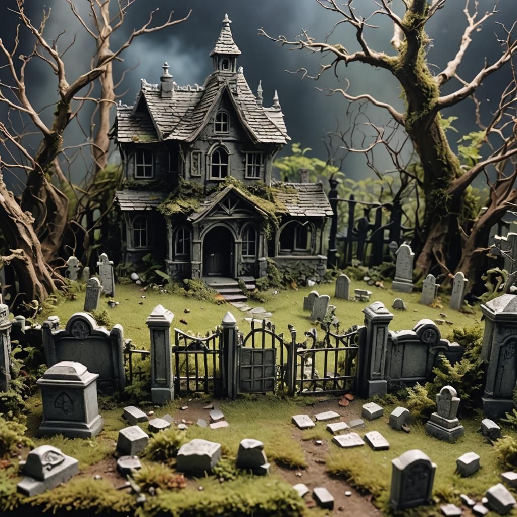 Miniature Haunted House Scene with Gravestones