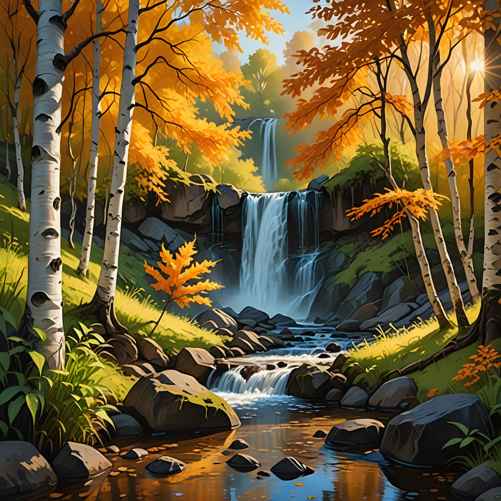 Lush Forest Stream with Waterfall in Sunlight