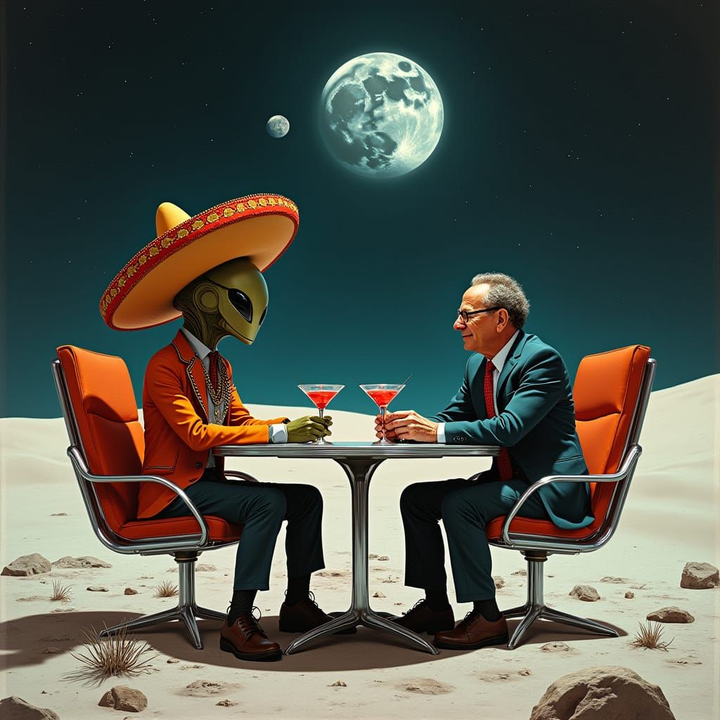 Politician and Martian Enjoy Low-Gravity Cocktails in Retro-...