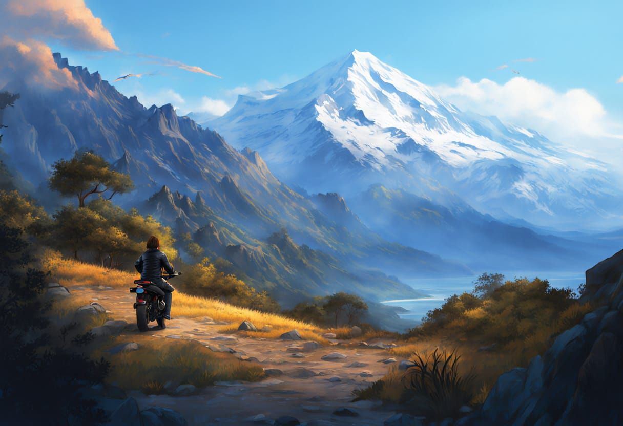 Woman Poses with Motorcycle Before Mountain Landscape