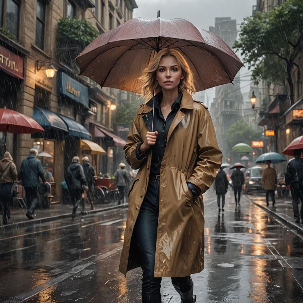 Blond Woman Walking in the Rain: Digital Art