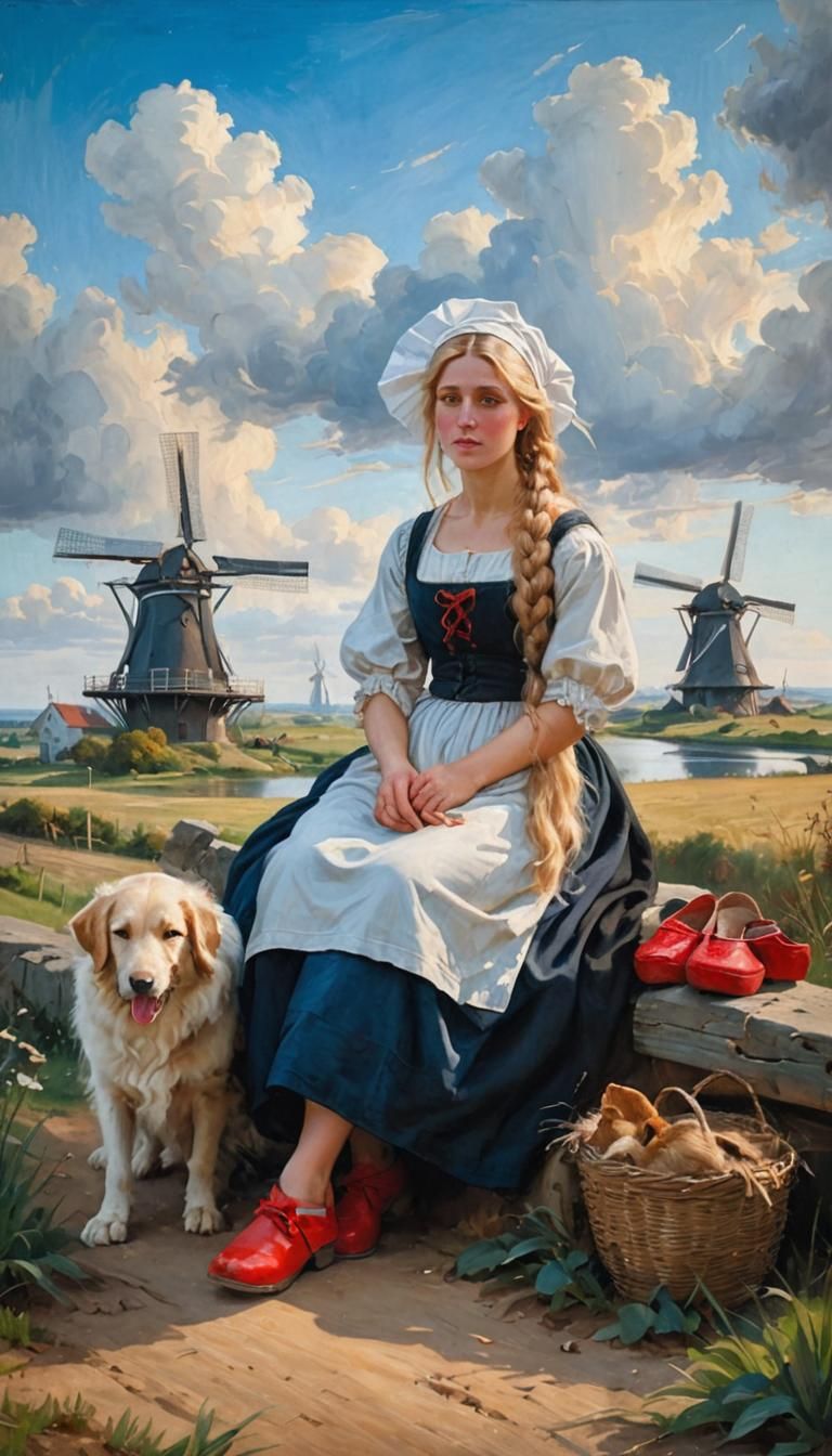 Dutch Woman in Countryside: Pre-Raphaelite Oil Painting