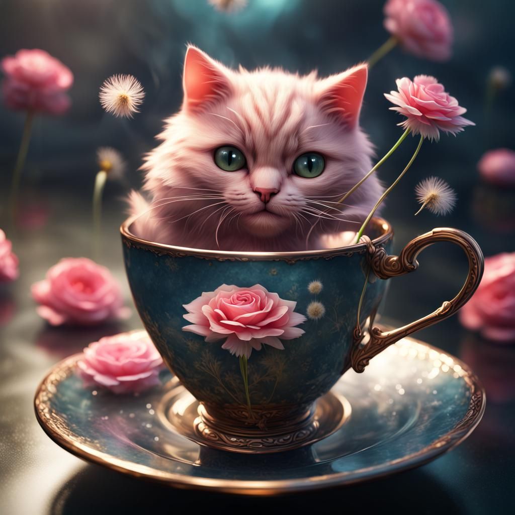 Teacup Rose Cat Reflected, Detailed Matte Painting