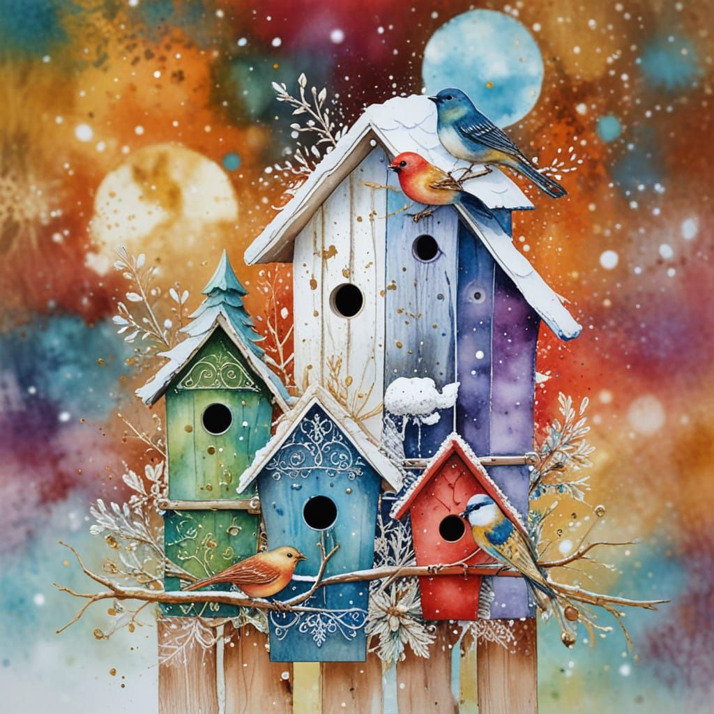 Winter Wonderland Birdhouses in Vibrant Watercolor