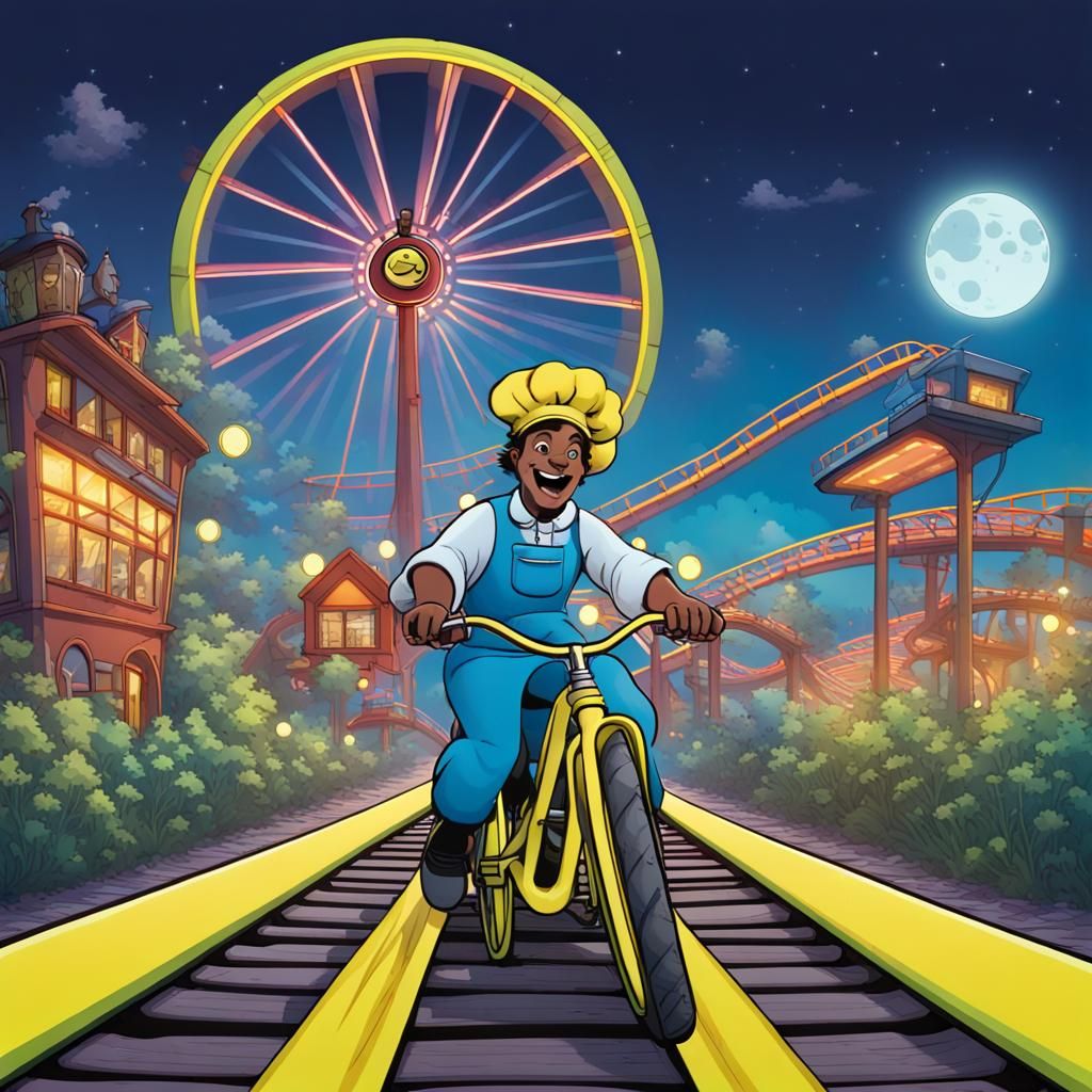 Neon Bike Rides a Roller Coaster Track