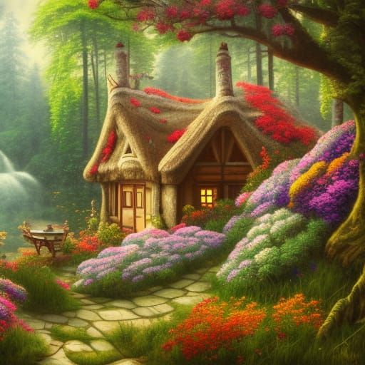 Enchanted Cottage in Forest: Detailed Matte Painting