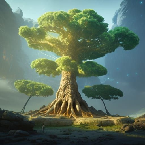 Majestic Alien Tree Surrounded by Worshippers