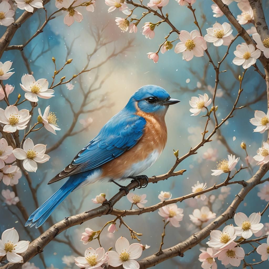 bluebird sitting in the branches of a dogwood tree in bloom