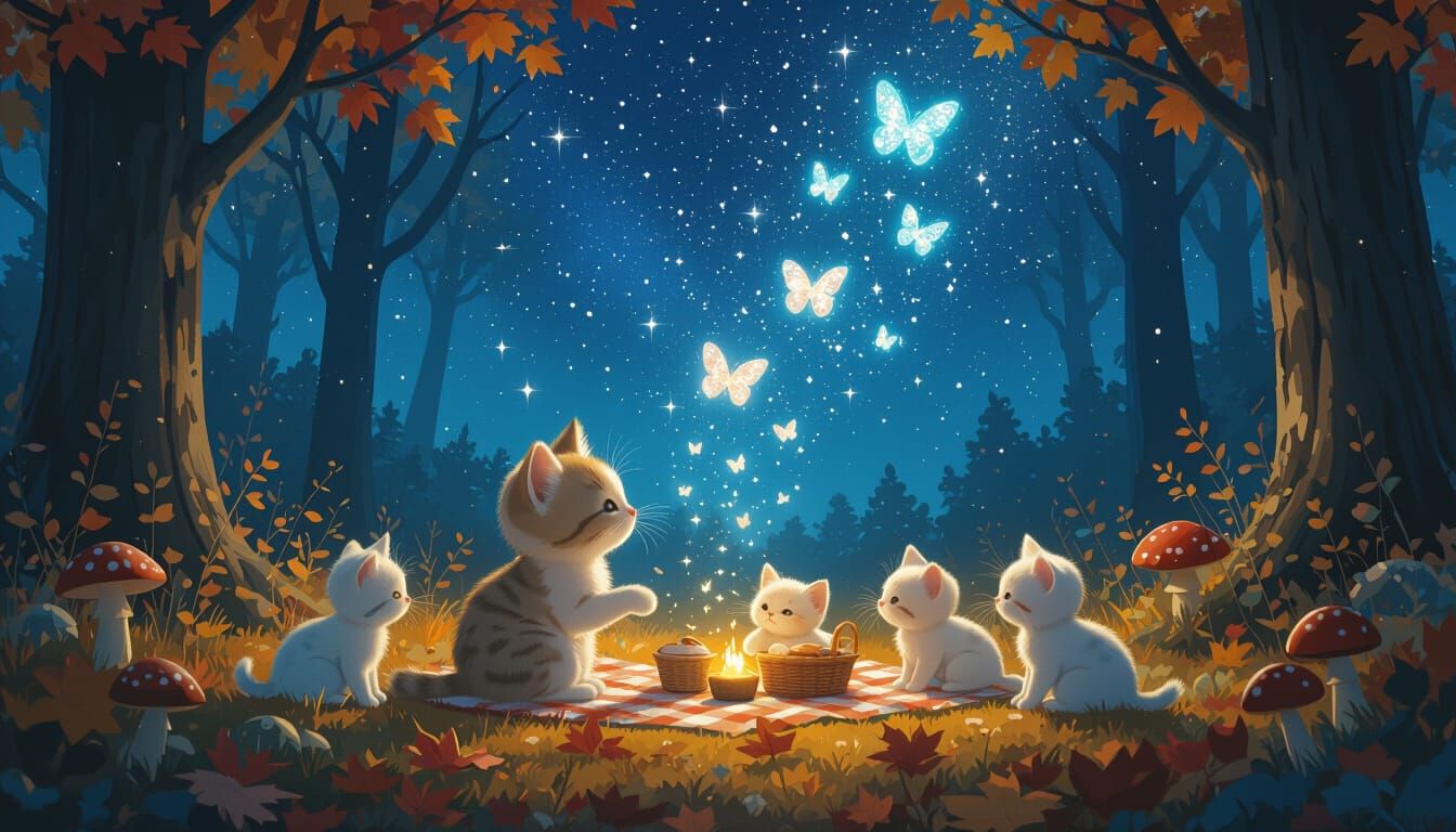 Celestial Kittens Picnic in Autumn Forest
