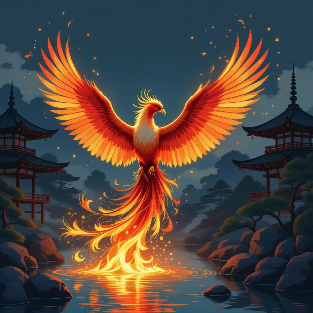 Majestic Phoenix Rises From Ashes in Japanese Garden
