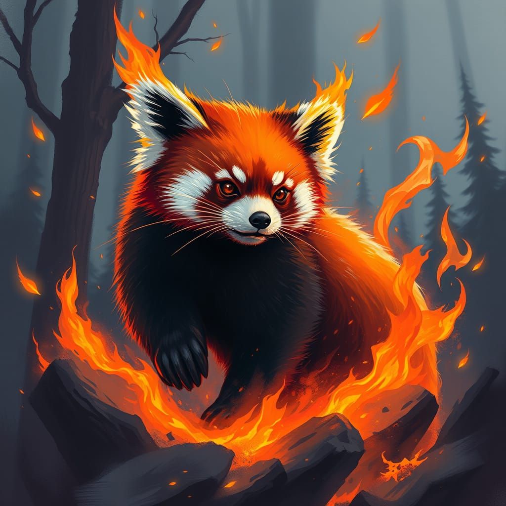 Fiery Red Panda in Mystical Forest Landscape