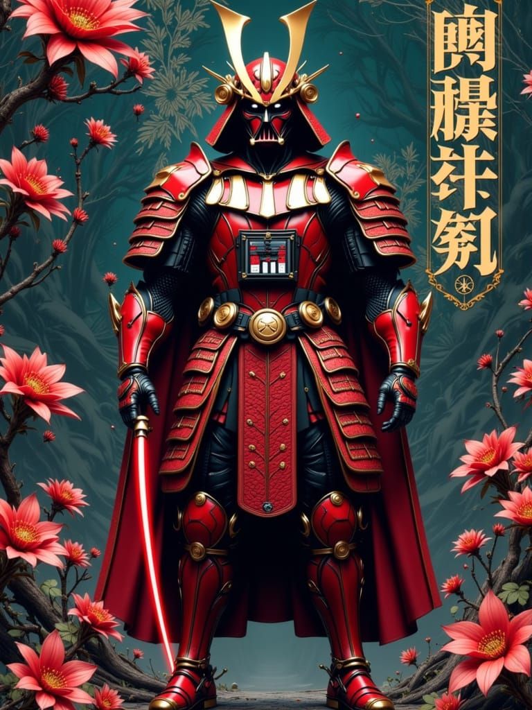 Darth Vader as Samurai in Ornate Armor with Neon Katana