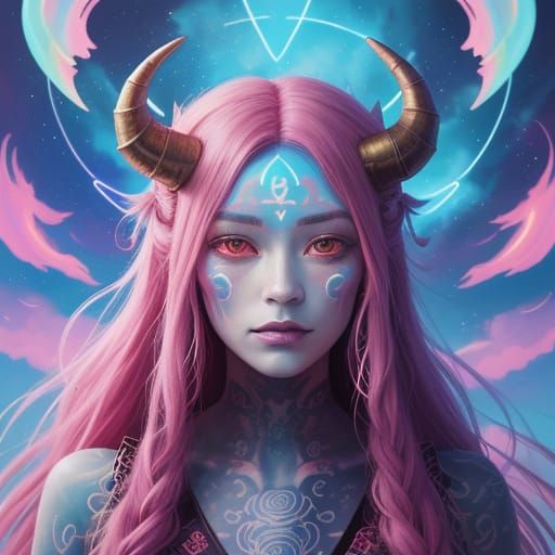 Anime Woman with Horns in Surreal Cloudscape