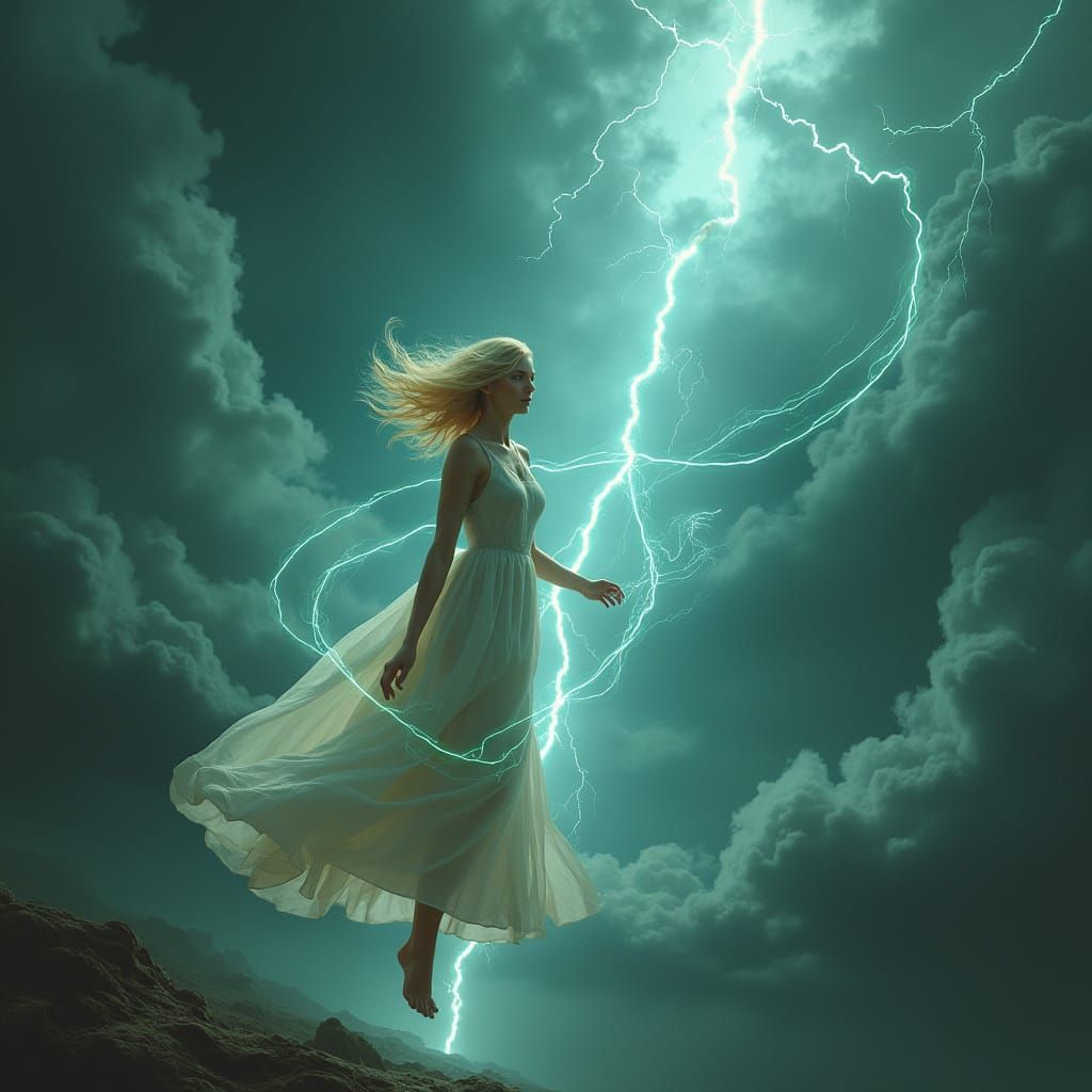 Woman Enveloped by Ethereal Filaments in a Stormy Sky