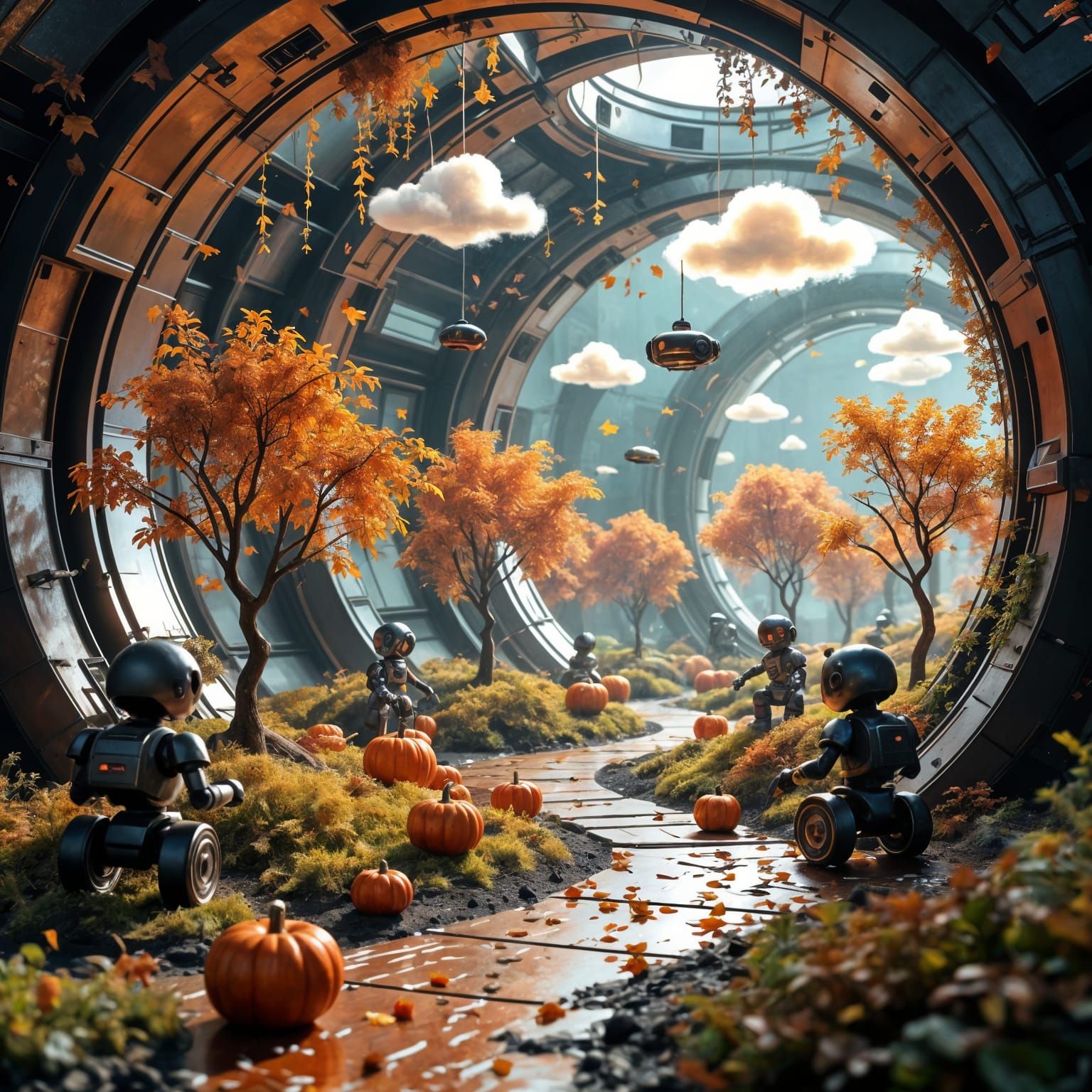 Robotic Autumn Diorama in Futuristic Metallic Landscape