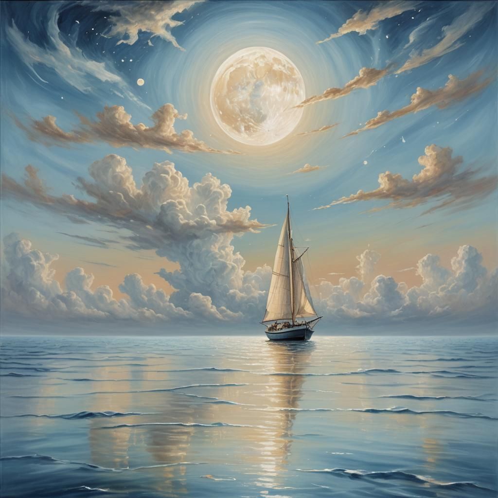 Dreamy Surrealism: Moonlit Sailboat on Lunar Sea