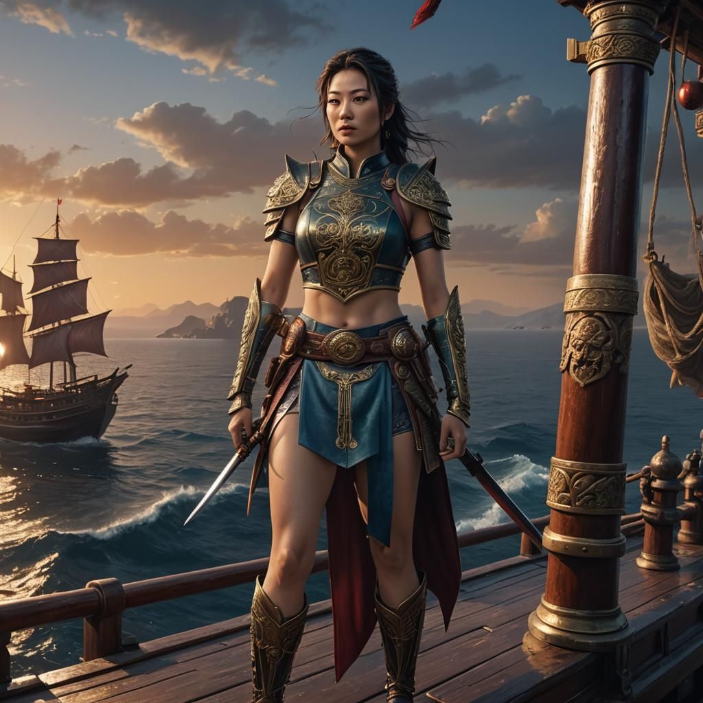 Woman in Oriental Armor on Ancient Ship