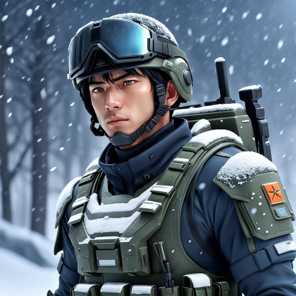 Cyberpunk Anime Warrior Battles in a Futuristic Snowscape