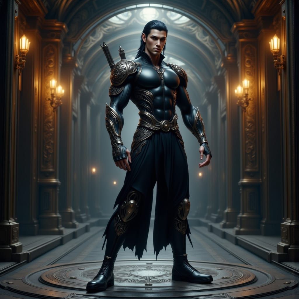 Muscular Asian Ninja Cyborg in Dark Fantasy Style