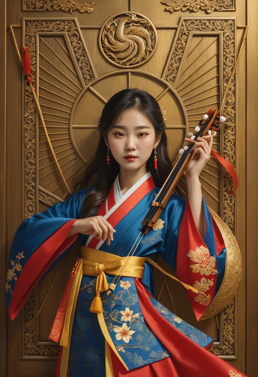 Elegant Korean Beauty in Traditional Hanbok, Holding Haegeum...