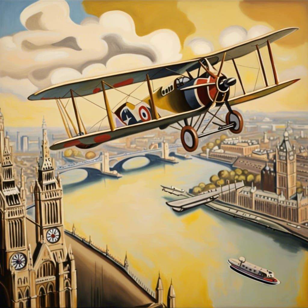 a sopwith camel aircraft flying over London.