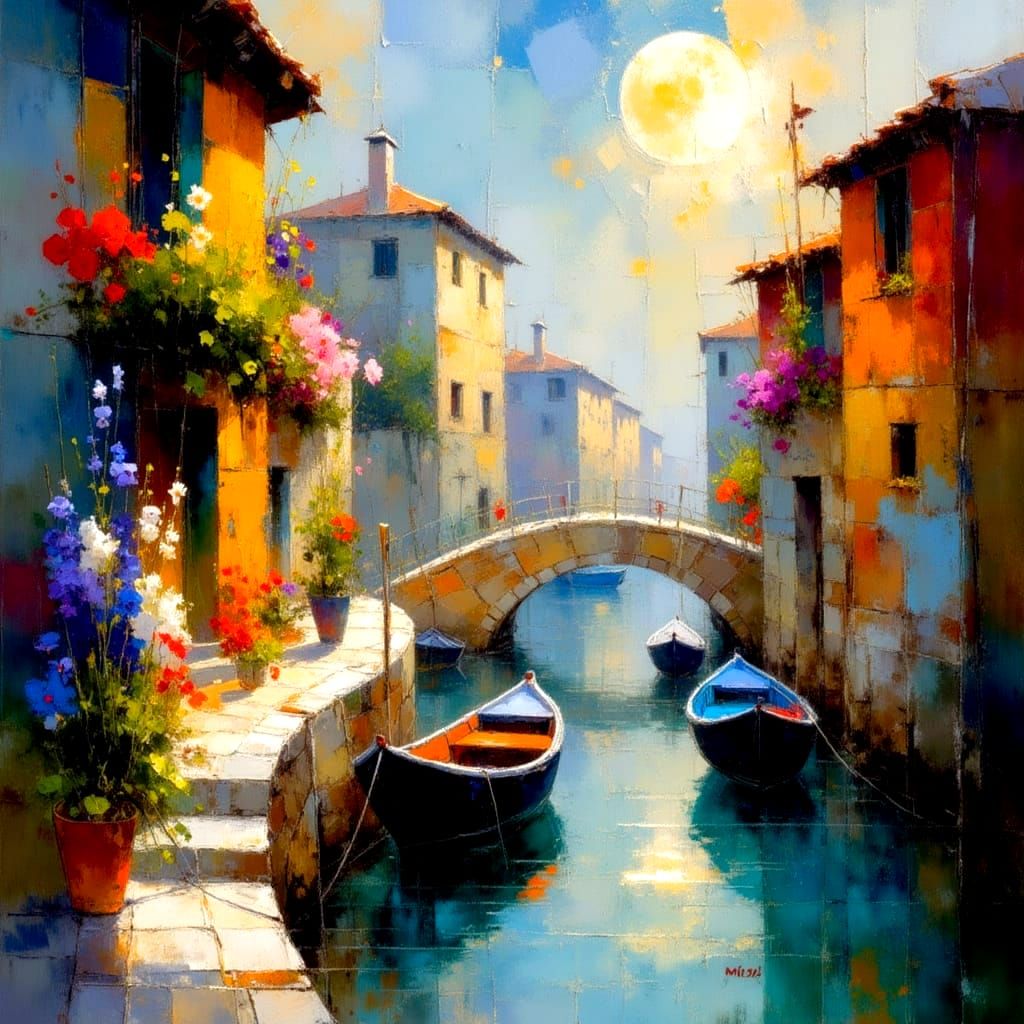 Impressionist Venice Cityscape Under Moonlight