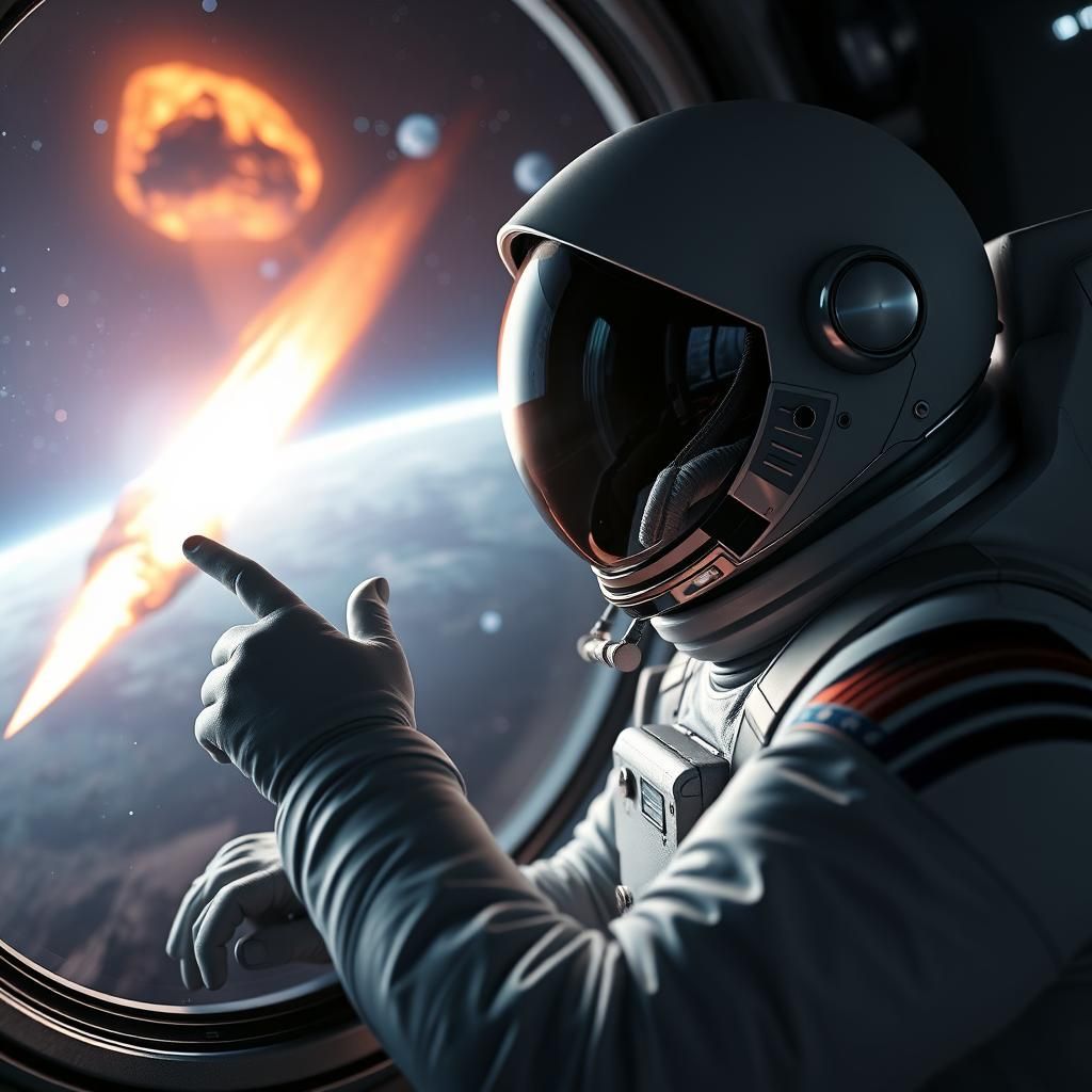 Astronaut Points to Fiery Meteor in Space