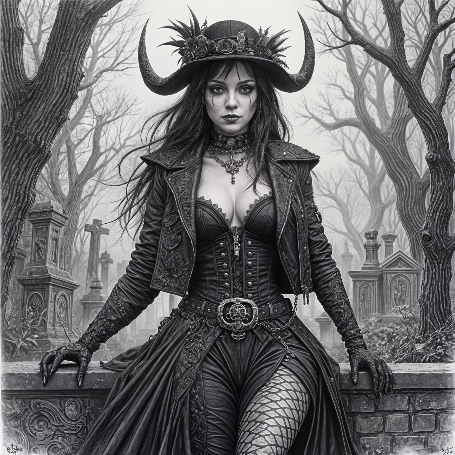 Ethereal Horrorpunk Courtesan in a Graffiti Graveyard