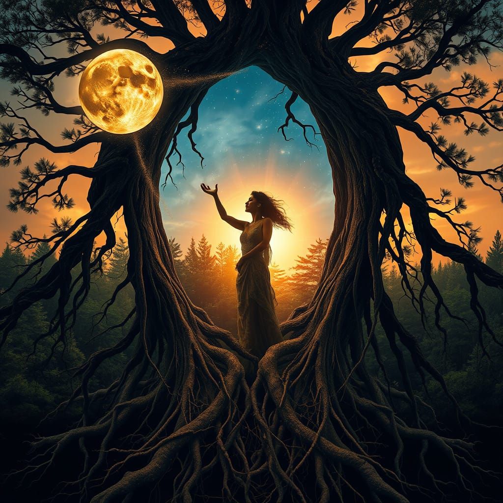 Transhumanist Goddess Embracing Cosmic Harmony in Forest