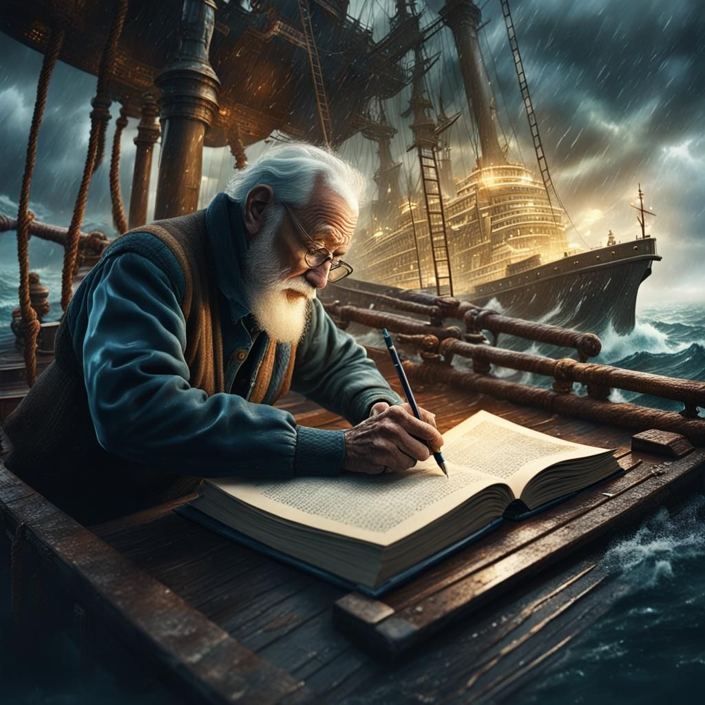 Old Man Writes on Stormy Seas: Double Exposure