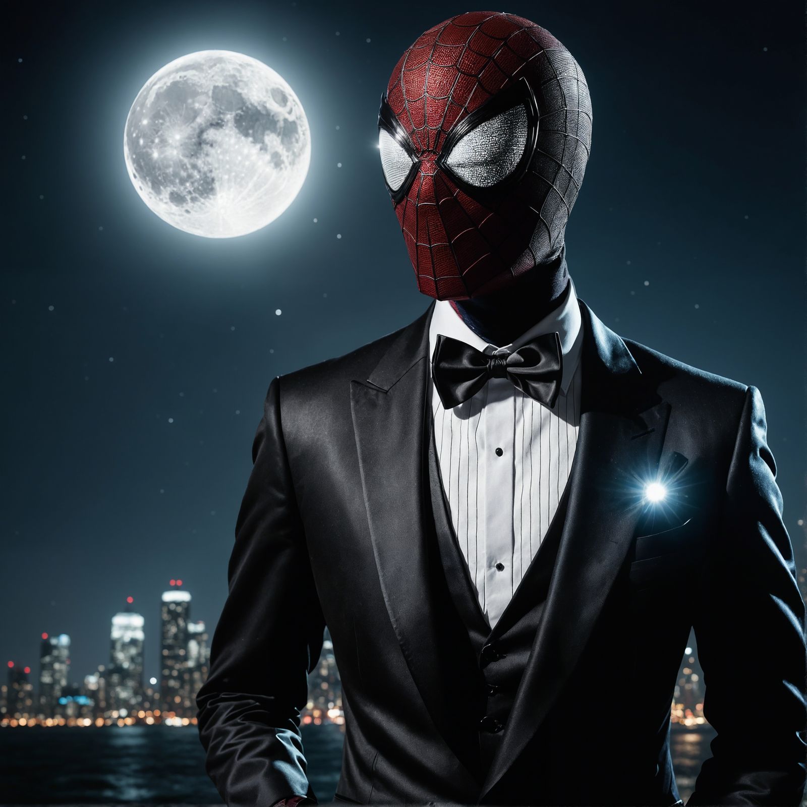 Spider Superhero in Tuxedo on Moonlit Night