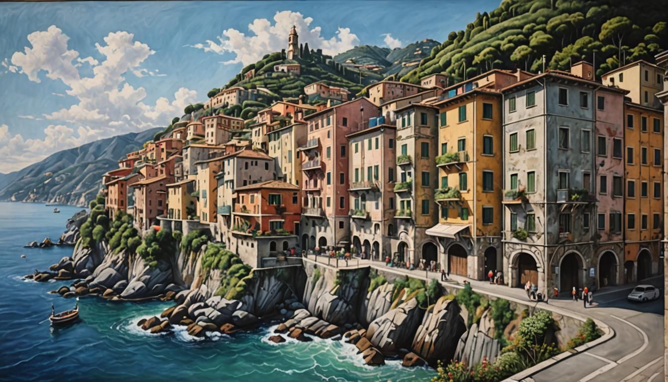 Italian Riviera Town Chalk Art on Building