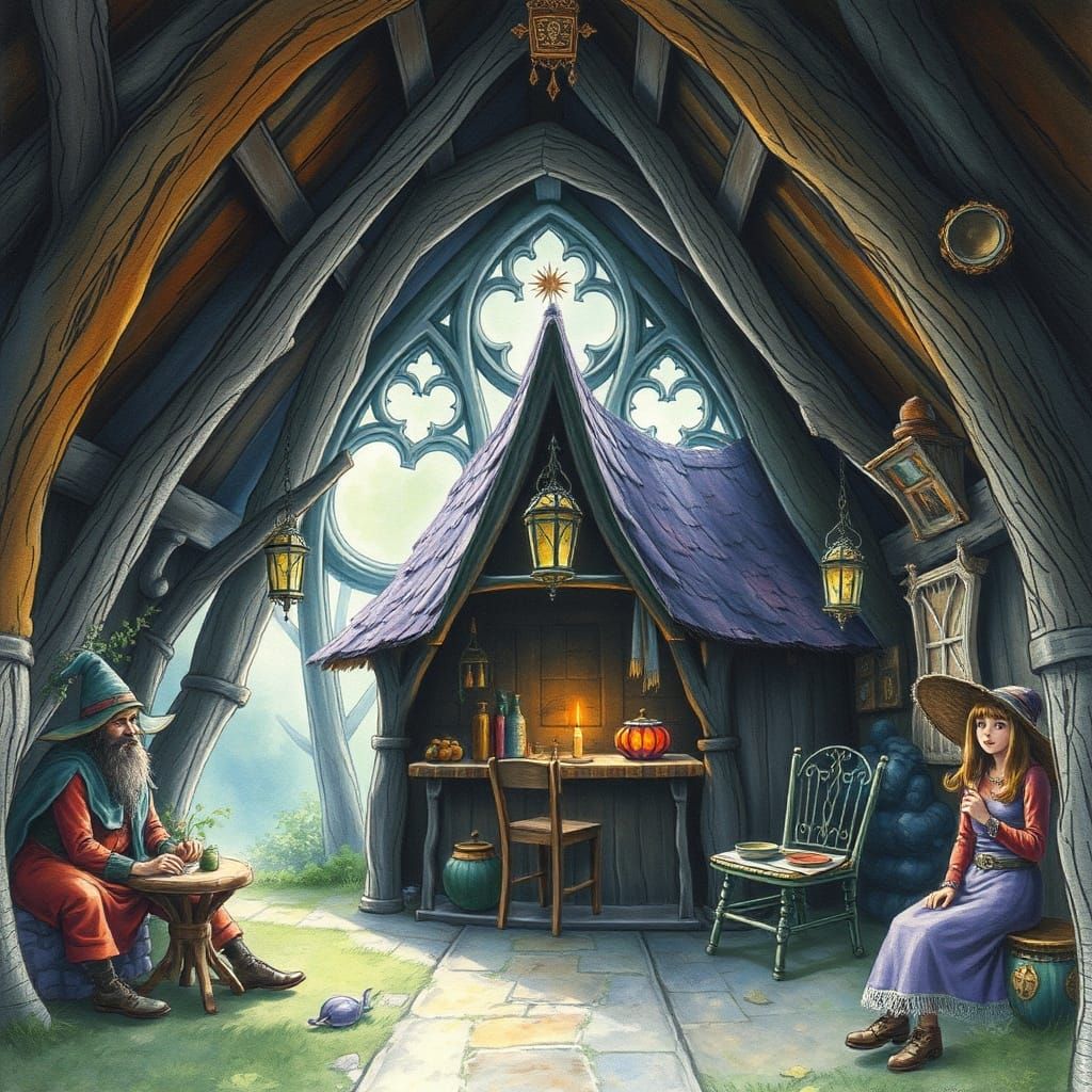 Gothic Witch Hut Interior in Watercolor Style