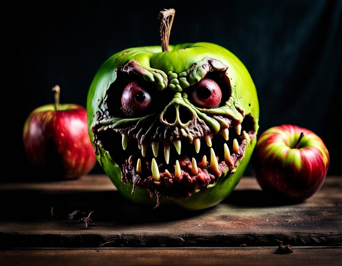 Scary Zombie Apple Still Life in Gothic Horror Style