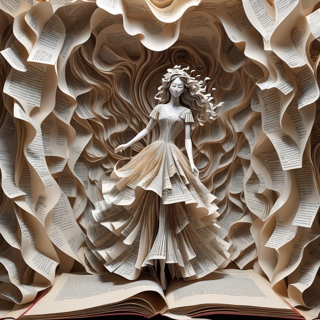 Create a detailed 3D render of a woman made of paper, emerging from an open book. Her dress is crafted from a single she...