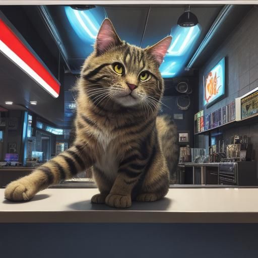 Tabby Space Cat at Alien Gas Station as Fauvist Painting