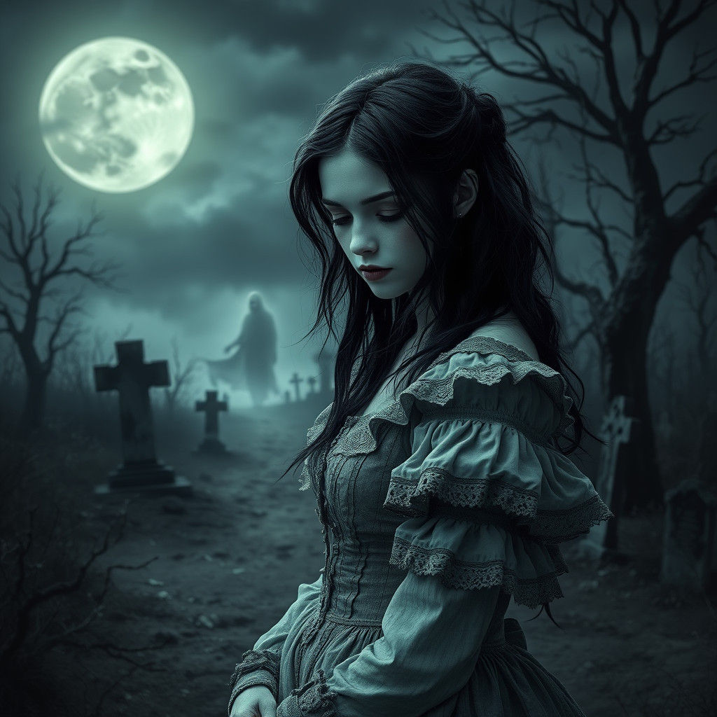 Melancholic Victorian Woman in Moonlit Landscape