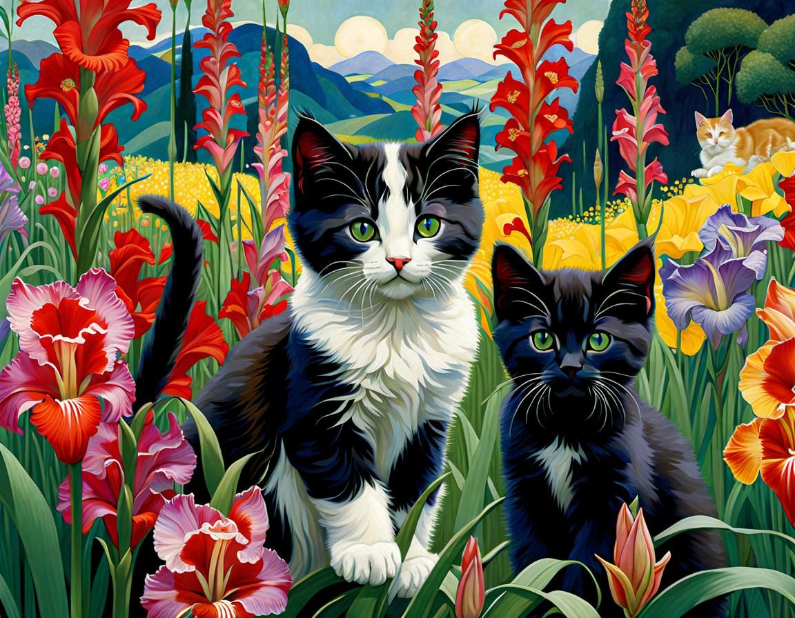 Kittens Play in Gladiolus Garden: Art Nouveau Style