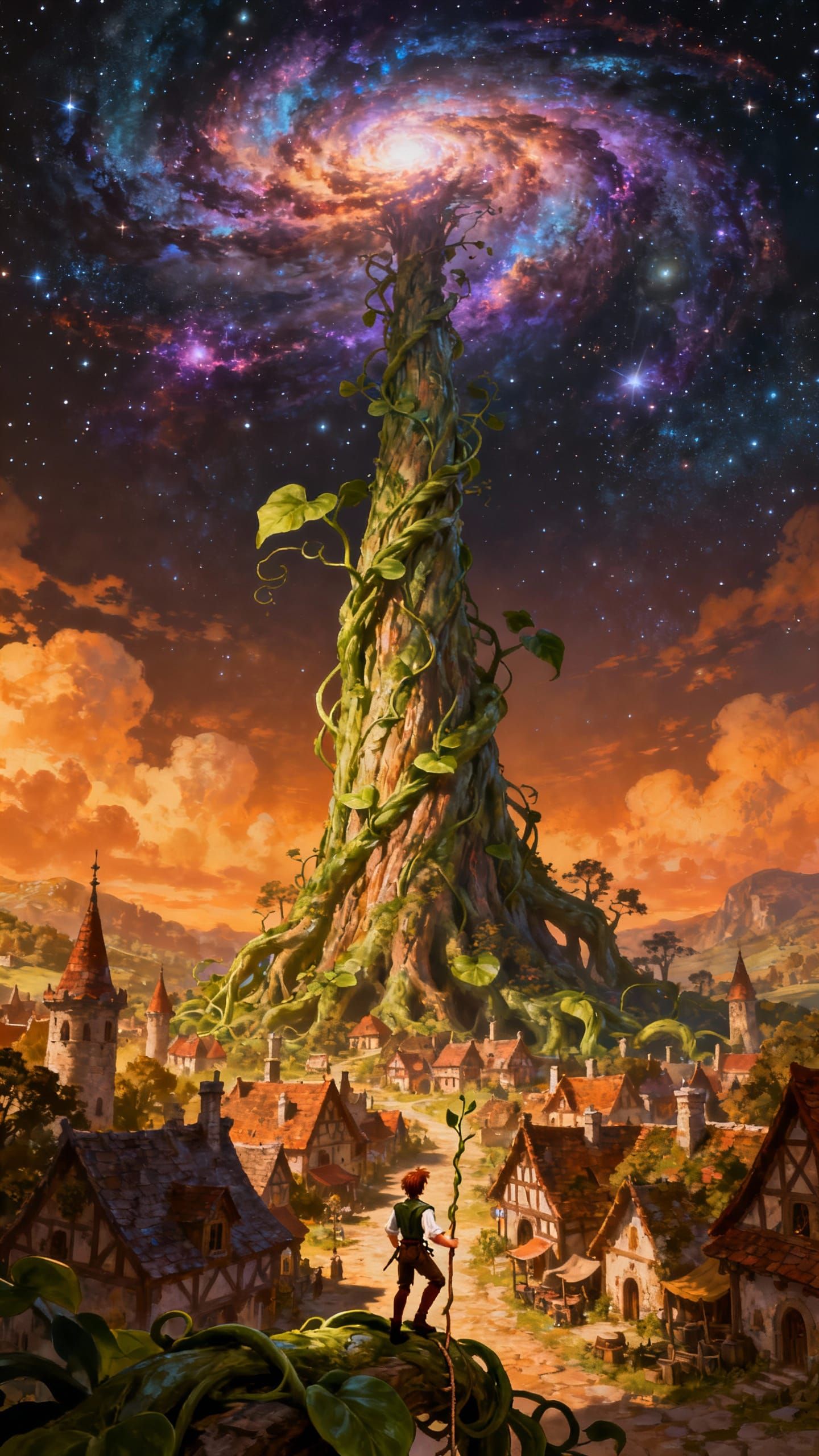 Massive Beanstalk Reaches Outer Space Above Medieval Village