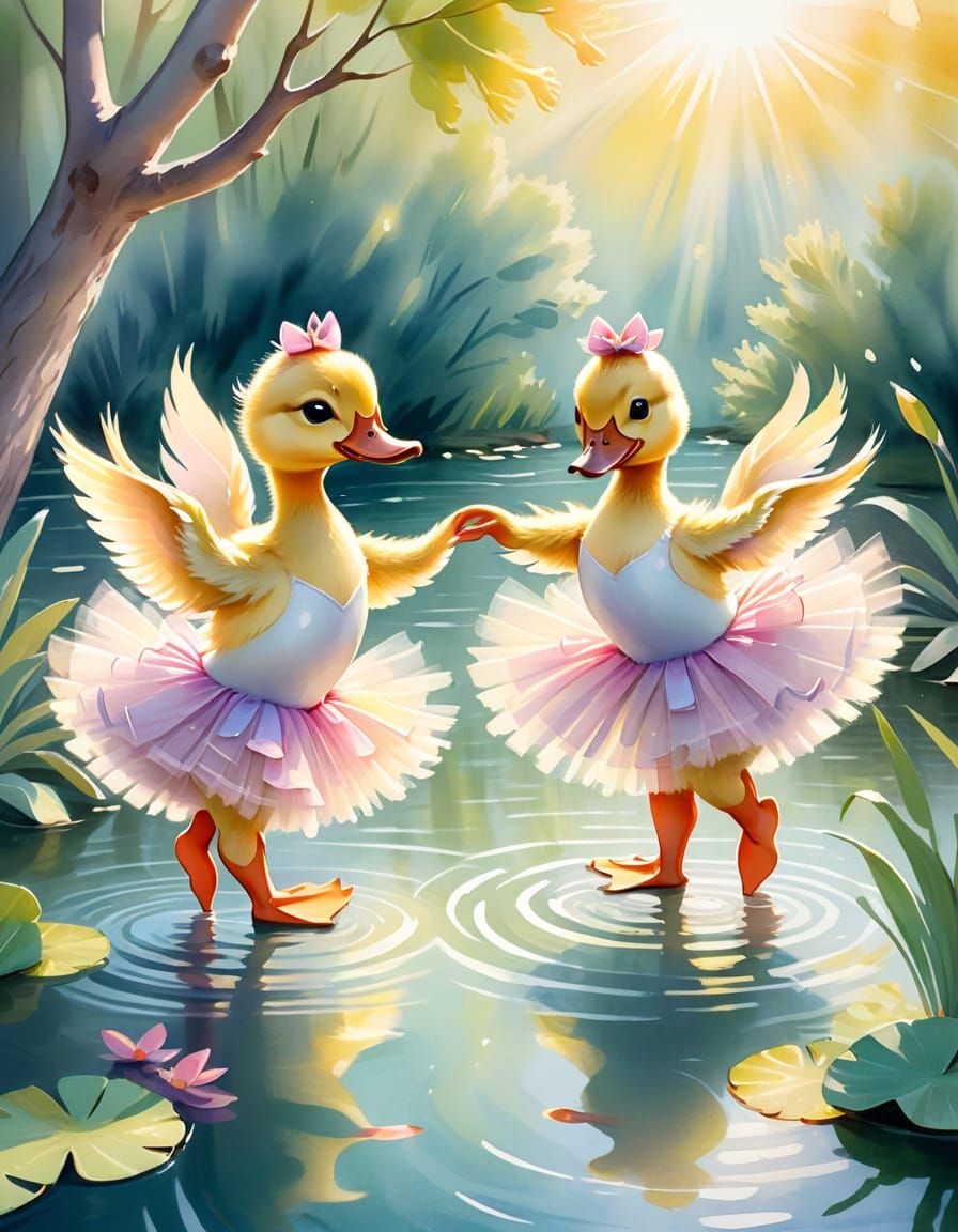 Duckling Ballerinas Dance: Whimsical Watercolor Illustration